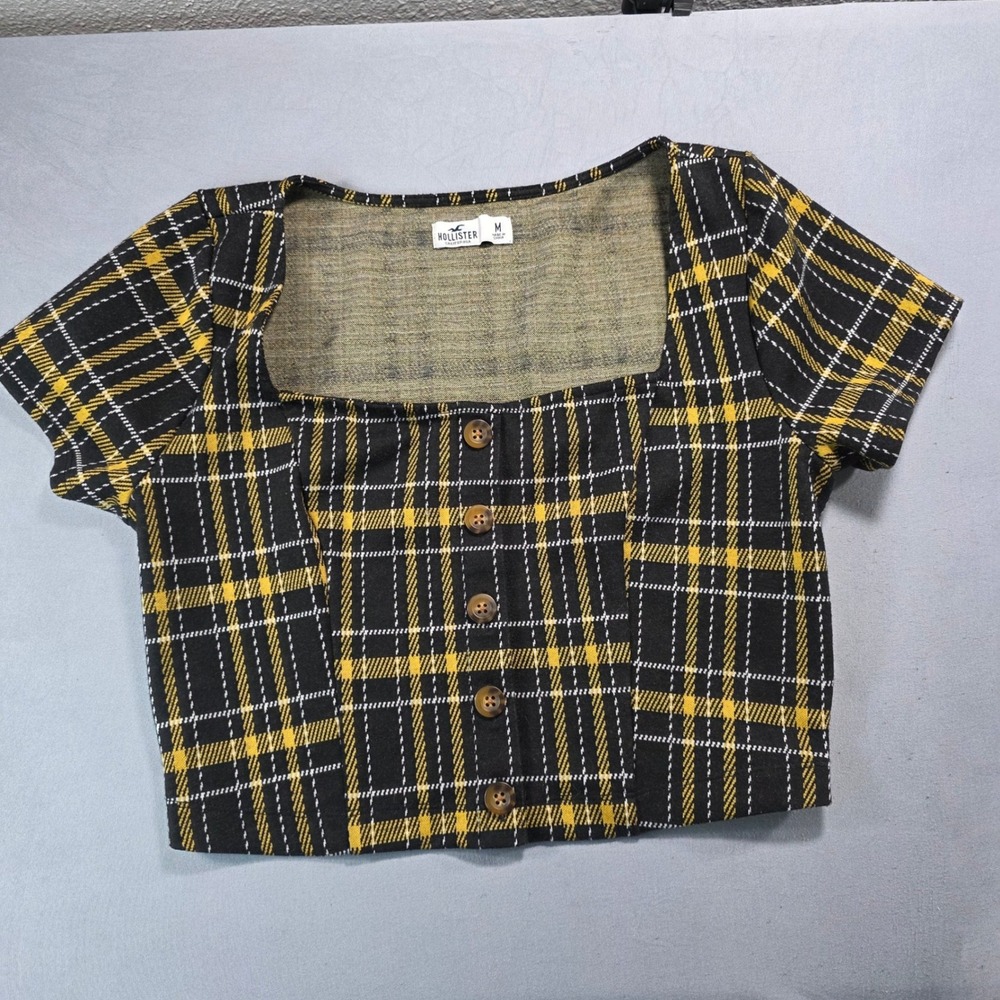 Hollister Yellow Black Plaid Square Neck Button Front Crop Top Mens Size Medium